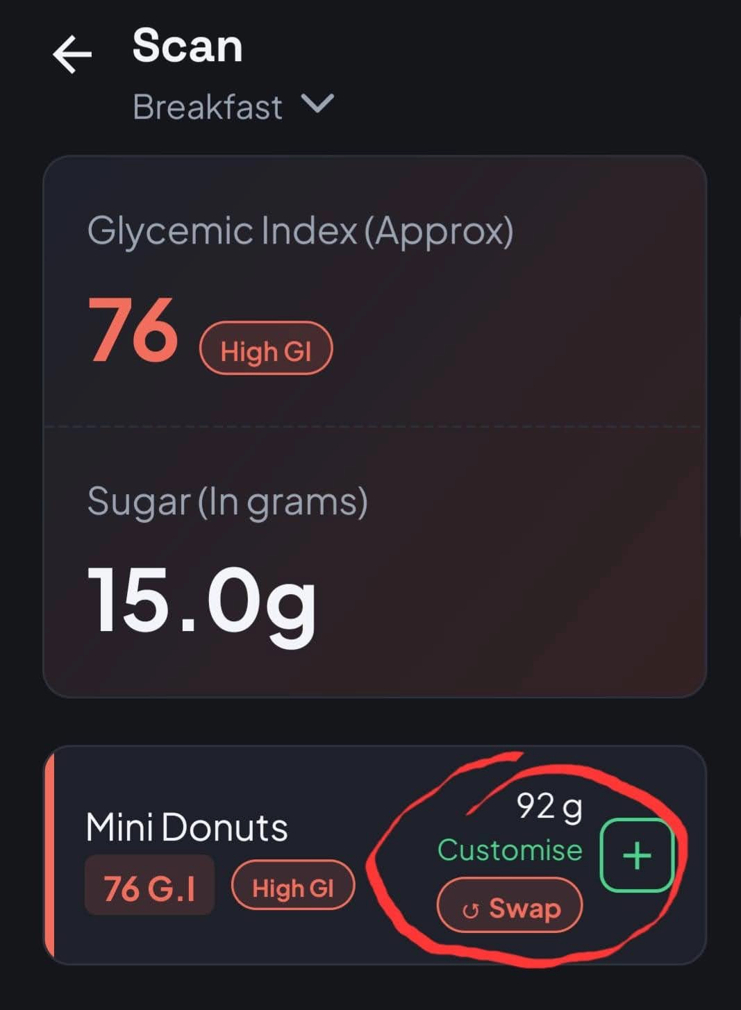 Lower6 Next scan of mini donuts showing a glycemic index of 76, high GI, and 15 grams of sugar with a swap option